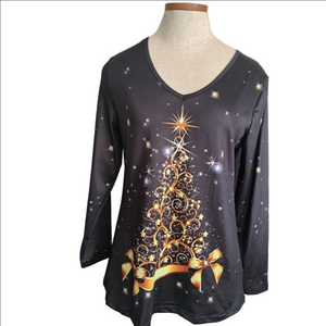 Ladies CHRISTMAS Tree holiday V NECK Tunic Top Lightweight Long Sleeve M
